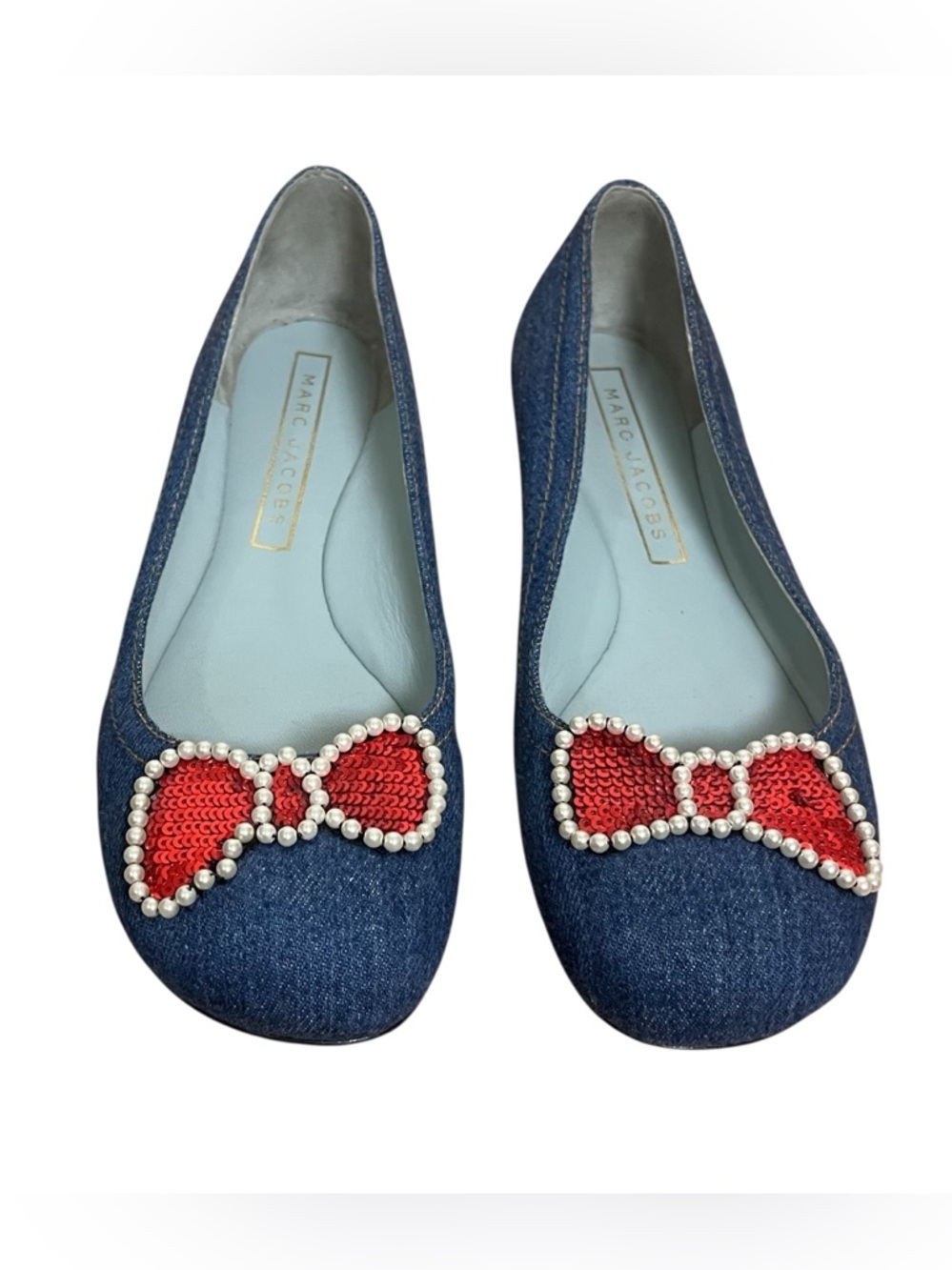 Marc Jacobs Denim Ballet Flats Red Sequin Bow Pearl Y2K Coquette Size 37.5 - Picture 3 of 13